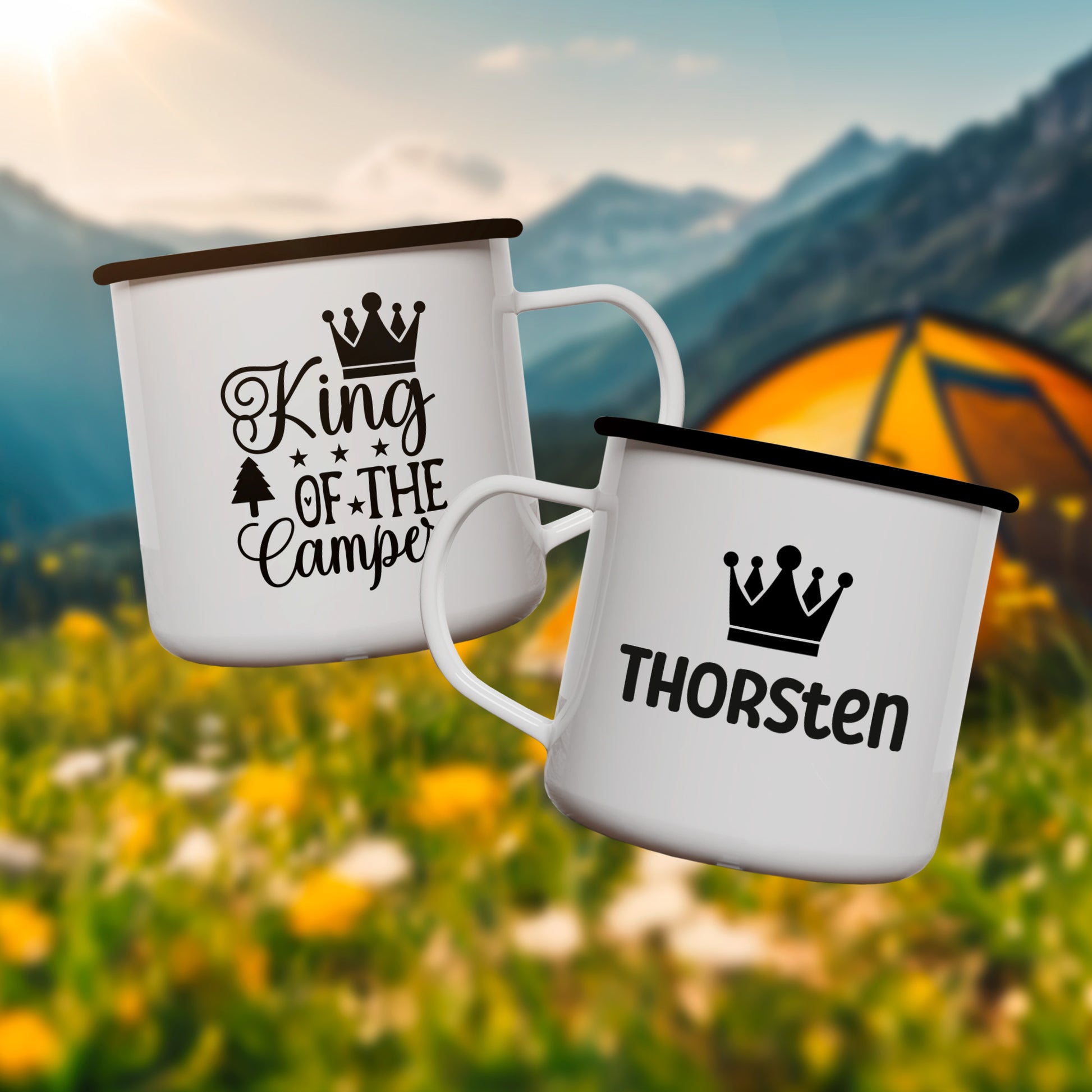 Emaille Tasse | 'King of the Camper' mit Name - verschenkich.de
