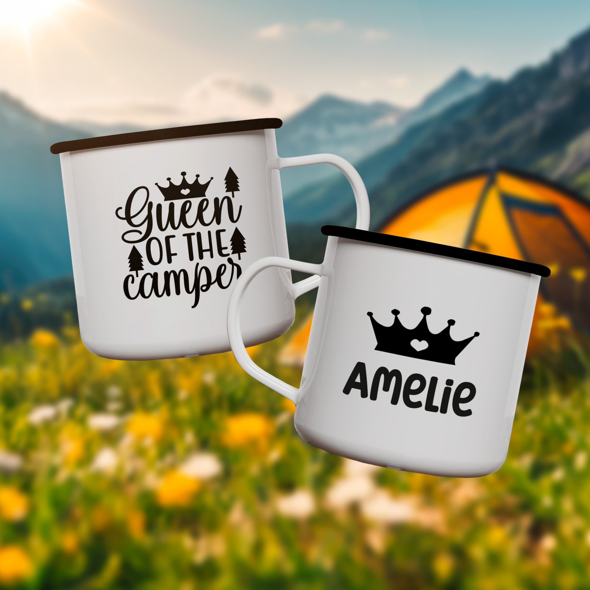 Emaille Tasse | 'Queen of the Camper' mit Name - verschenkich.de