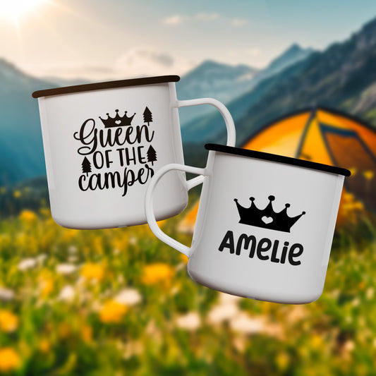 Emaille Tasse | 'Queen of the Camper' mit Name - verschenkich.de