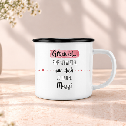 Emaille Tasse mit Namen | Glück ist eine Schwester wie dich zu haben