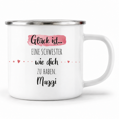 Emaille Tasse mit Namen | Glück ist eine Schwester wie dich zu haben
