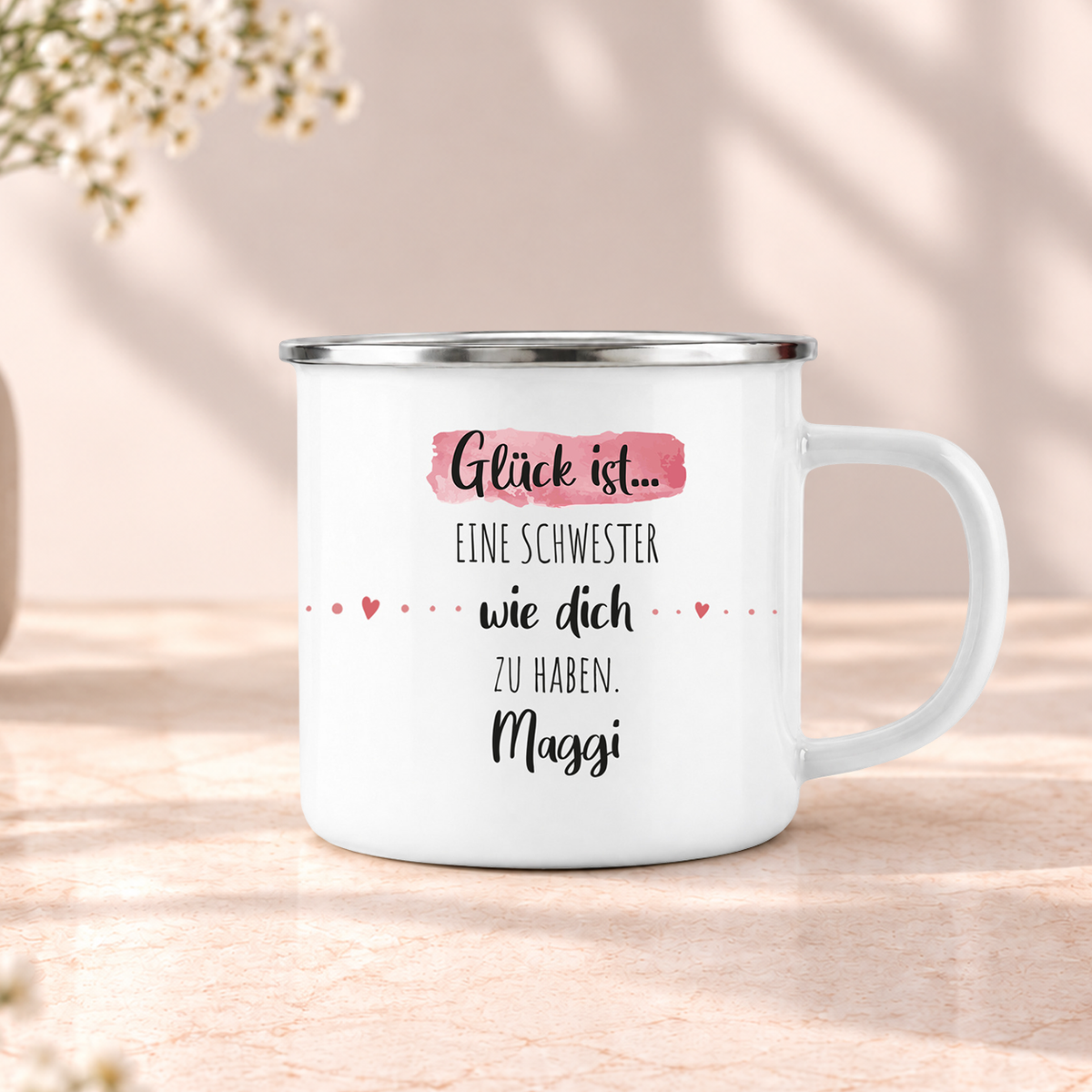 Emaille Tasse mit Namen | Glück ist eine Schwester wie dich zu haben