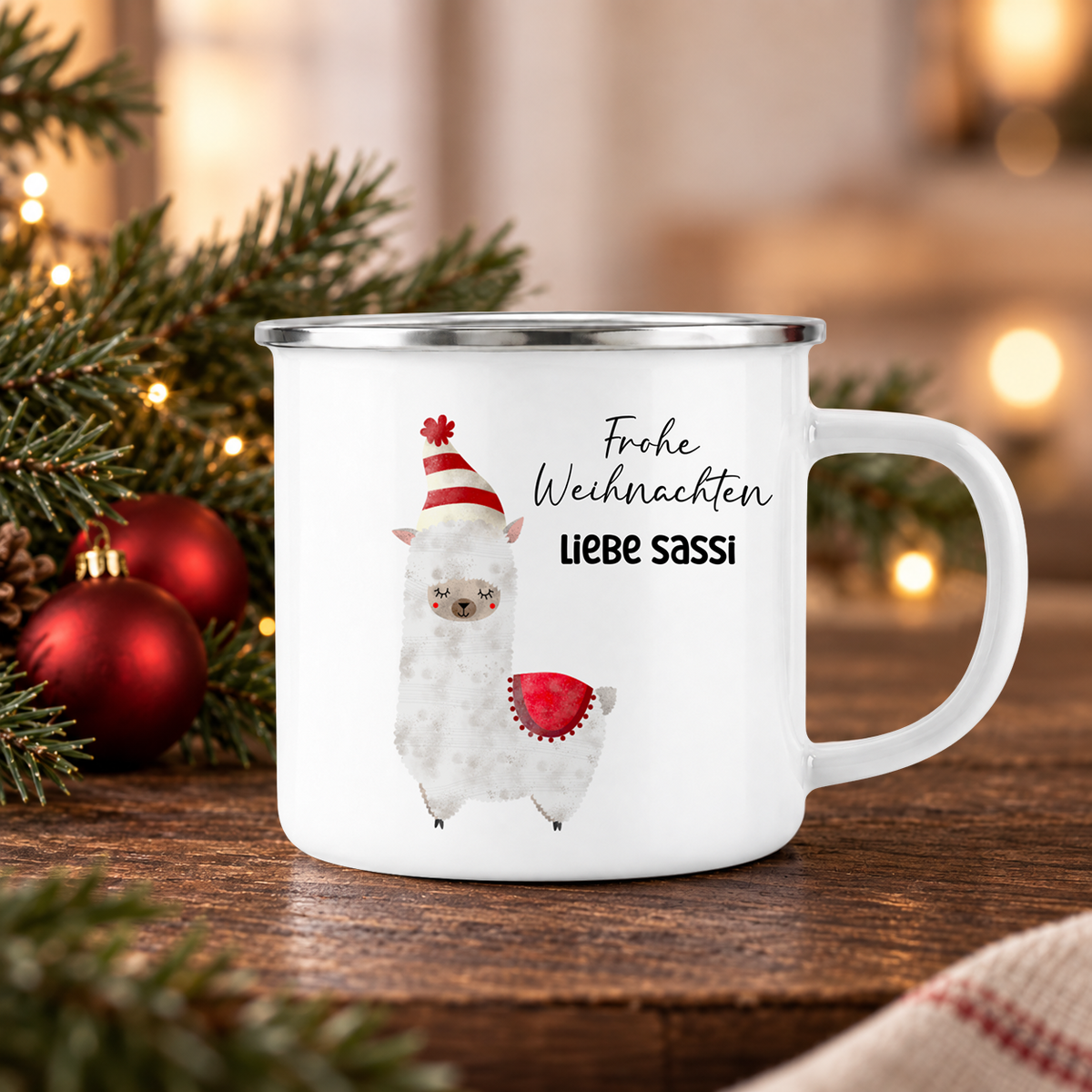 Emaille Tasse mit Name | Alpaka rot