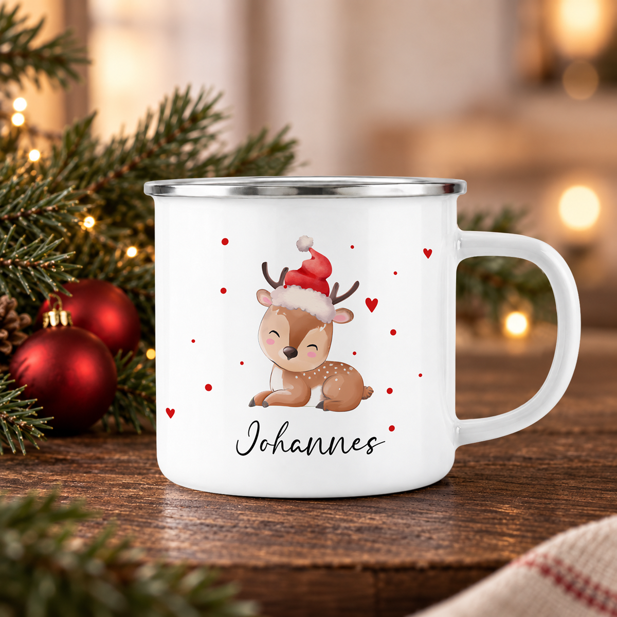 Emaille Tasse mit Name | Baby Rentier