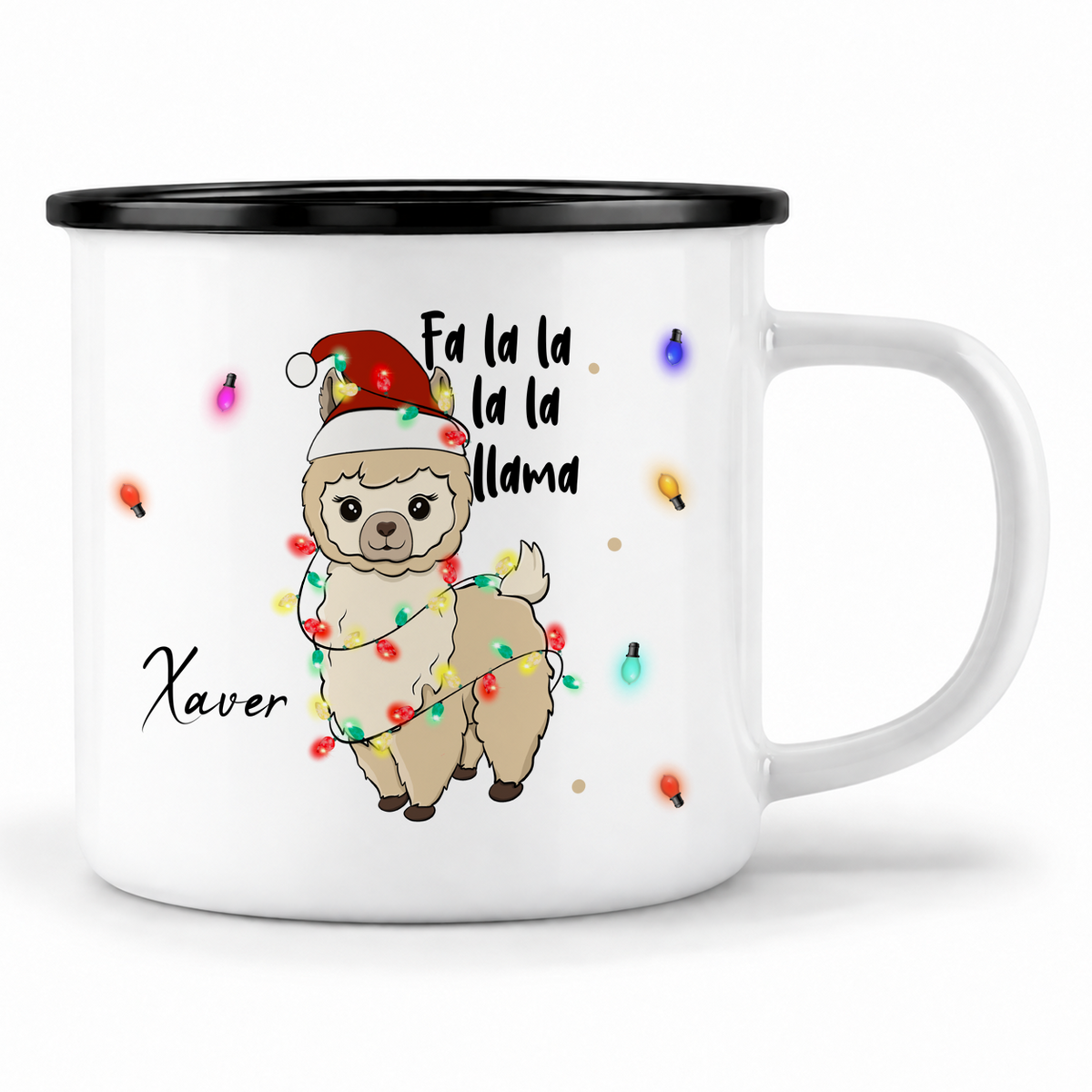Emaille Tasse mit Name | Lama Lichterkette