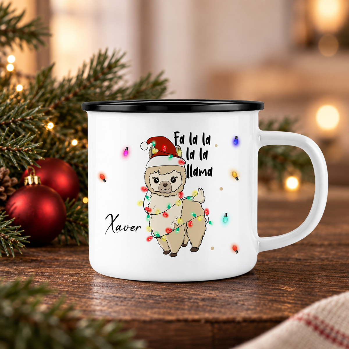 Emaille Tasse mit Name | Lama Lichterkette