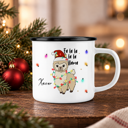Emaille Tasse mit Name | Lama Lichterkette
