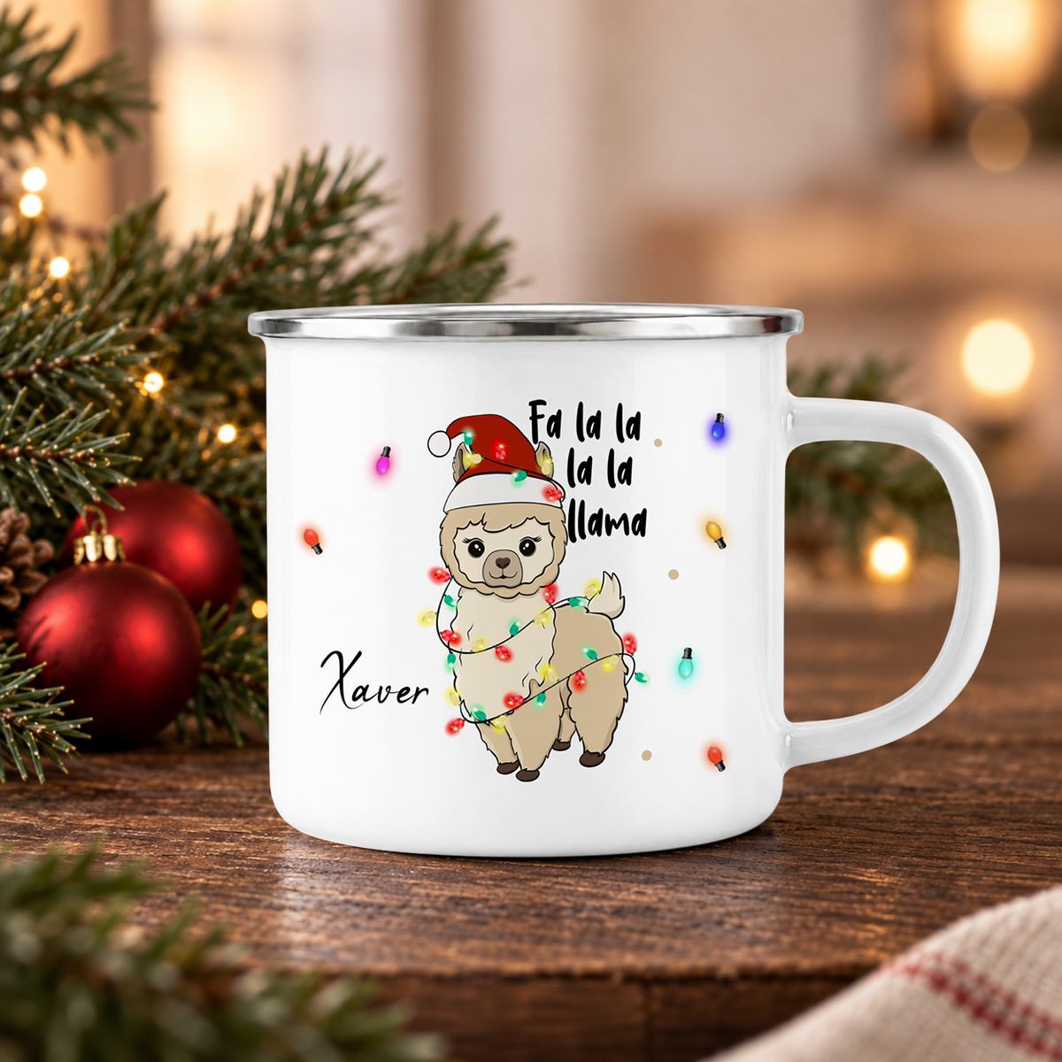 Emaille Tasse mit Name | Lama Lichterkette