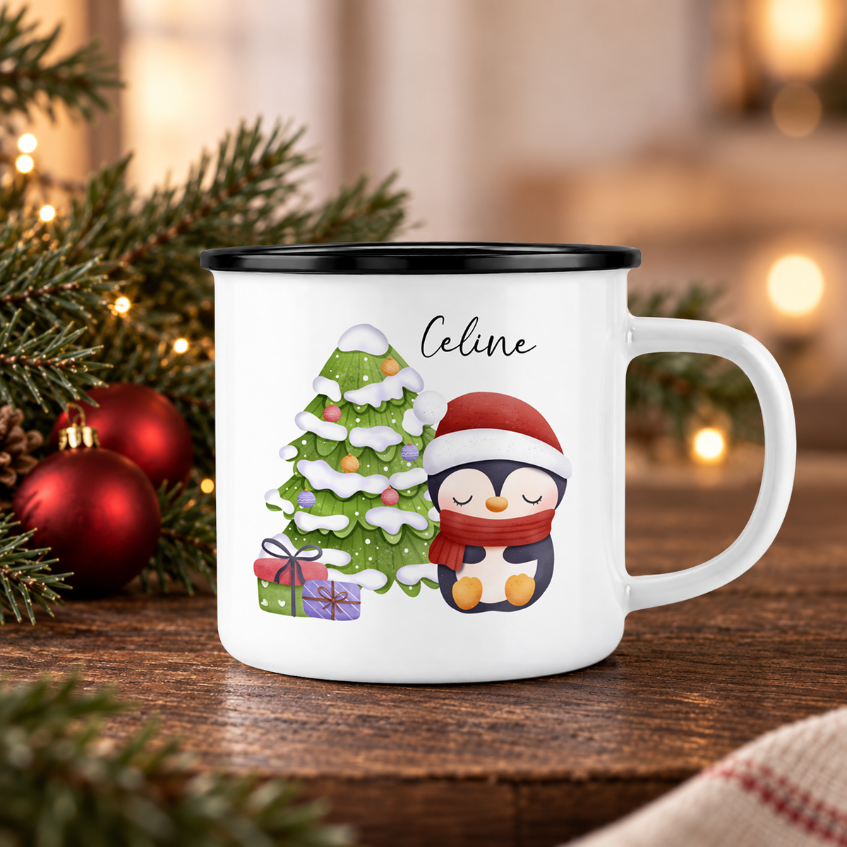 Emaille Tasse mit Name | Cute Pinguin