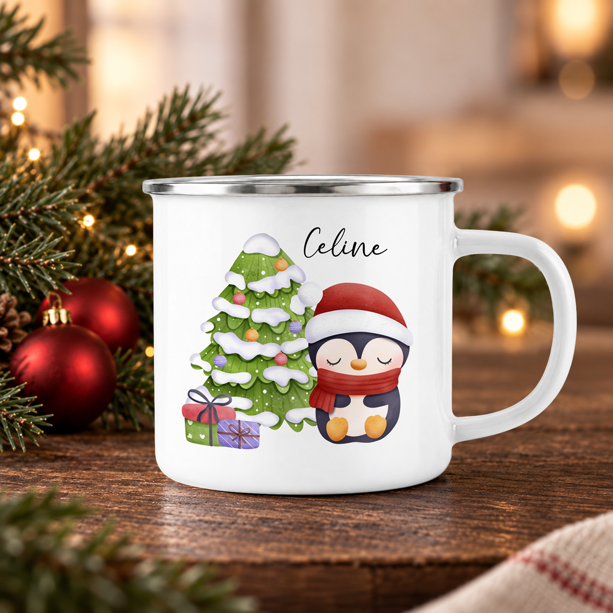 Emaille Tasse mit Name | Cute Pinguin