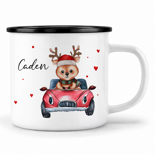 Emaille Tasse mit Name | Rentier im Auto