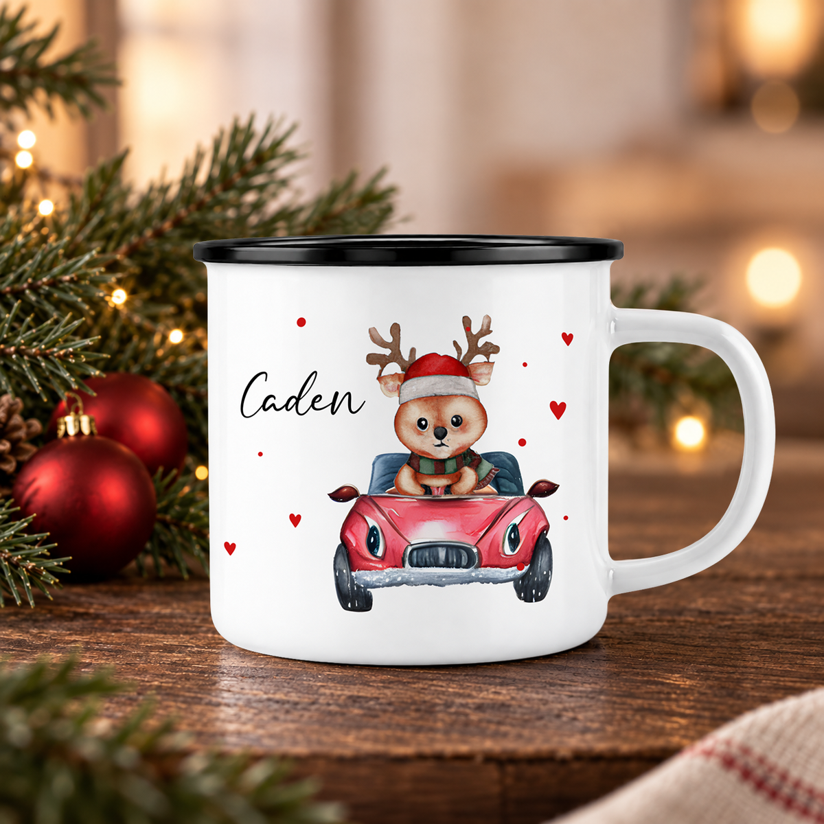 Emaille Tasse mit Name | Rentier im Auto