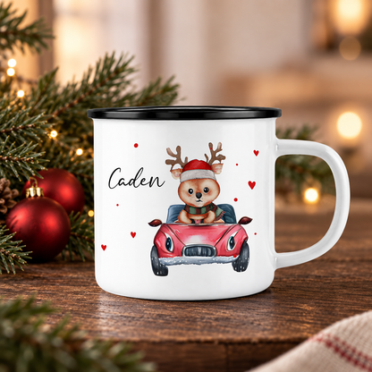 Emaille Tasse mit Name | Rentier im Auto
