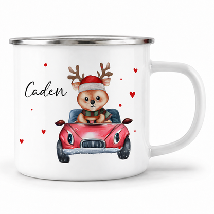 Emaille Tasse mit Name | Rentier im Auto