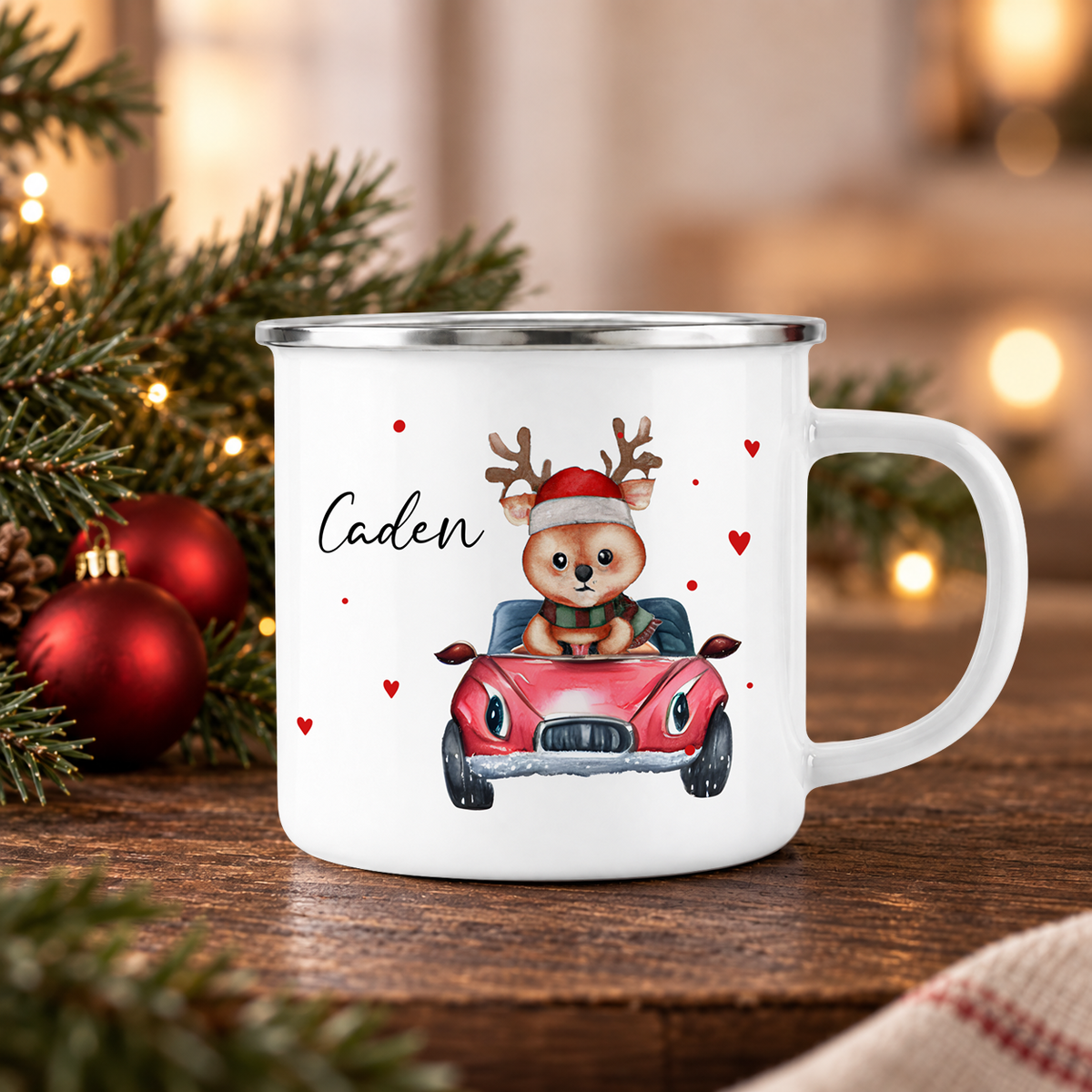 Emaille Tasse mit Name | Rentier im Auto