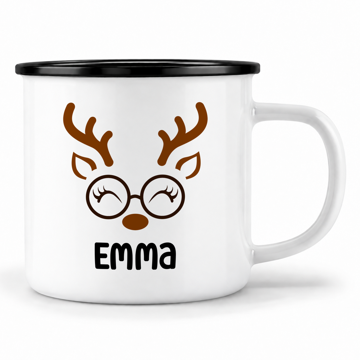 Emaille Tasse mit Name | Rentier mit Brille