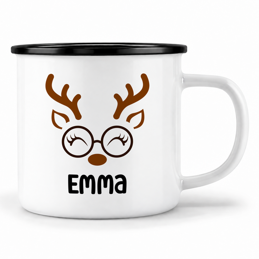 Emaille Tasse mit Name | Rentier mit Brille