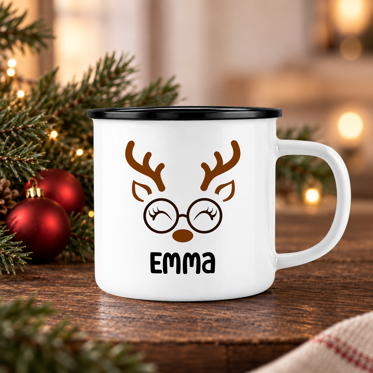 Emaille Tasse mit Name | Rentier mit Brille