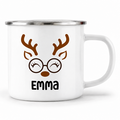 Emaille Tasse mit Name | Rentier mit Brille