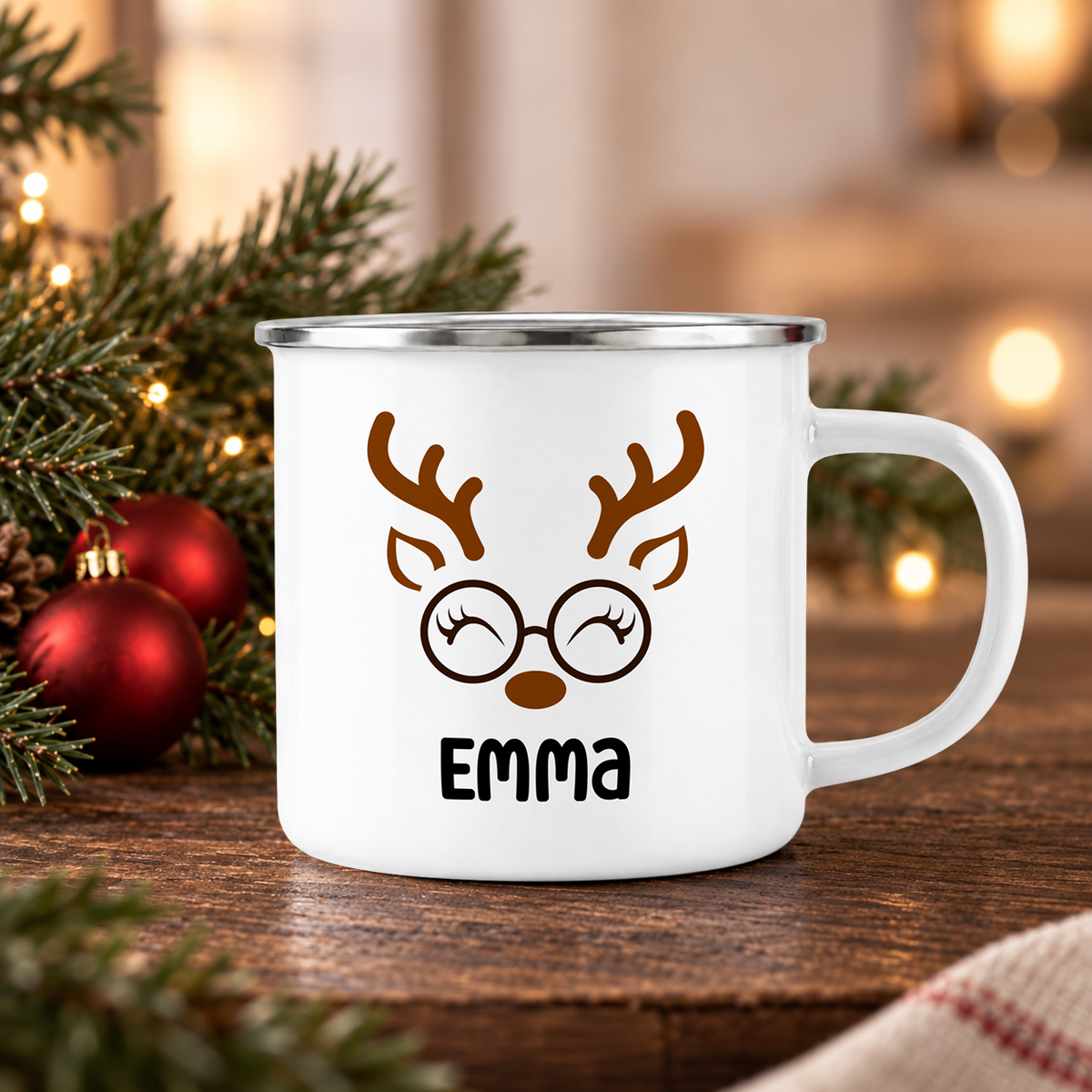 Emaille Tasse mit Name | Rentier mit Brille