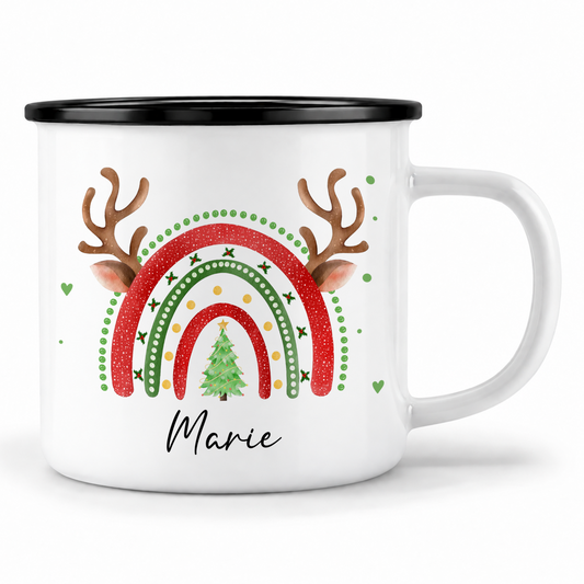 Emaille Tasse mit Name | Weihnachts- Regenbogen