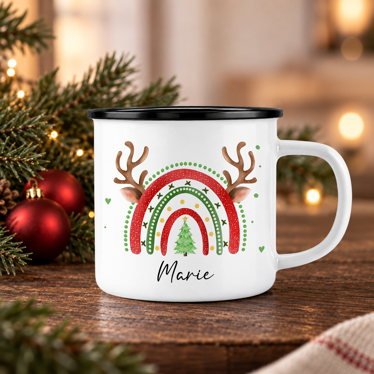 Emaille Tasse mit Name | Weihnachts- Regenbogen