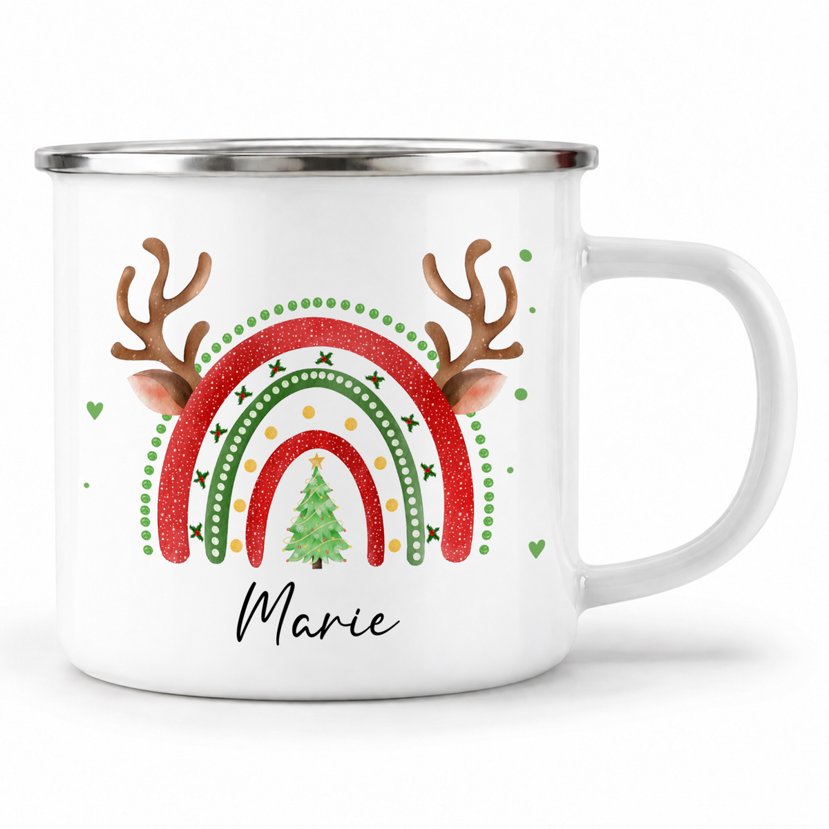 Emaille Tasse mit Name | Weihnachts- Regenbogen