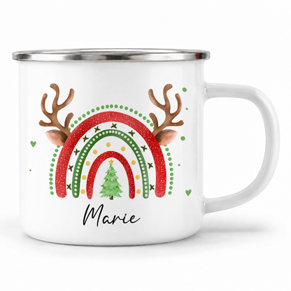 Emaille Tasse mit Name | Weihnachts- Regenbogen