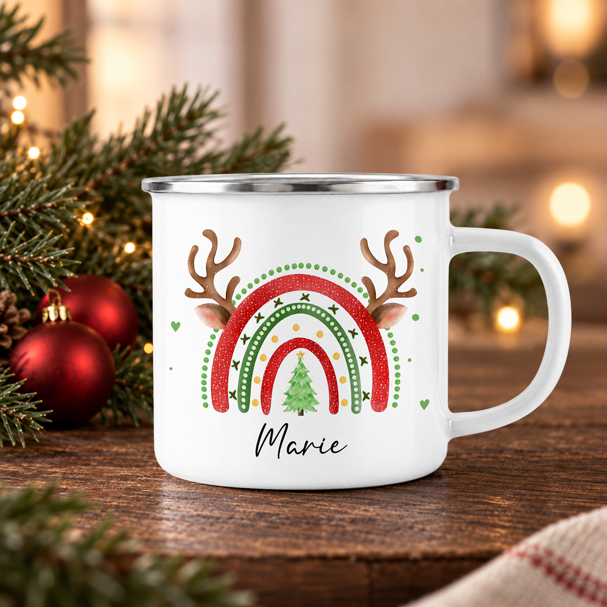 Emaille Tasse mit Name | Weihnachts- Regenbogen