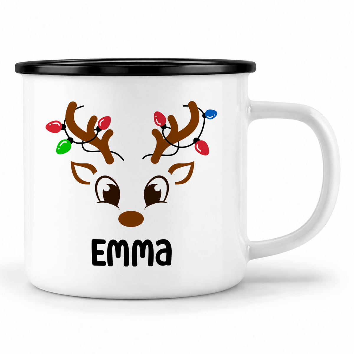 Emaille Tasse mit Name | Rentier mit Lichterkette