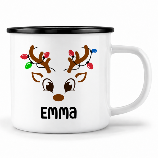 Emaille Tasse mit Name | Rentier mit Lichterkette