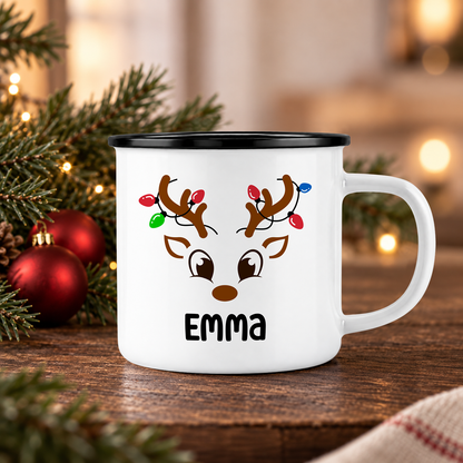 Emaille Tasse mit Name | Rentier mit Lichterkette