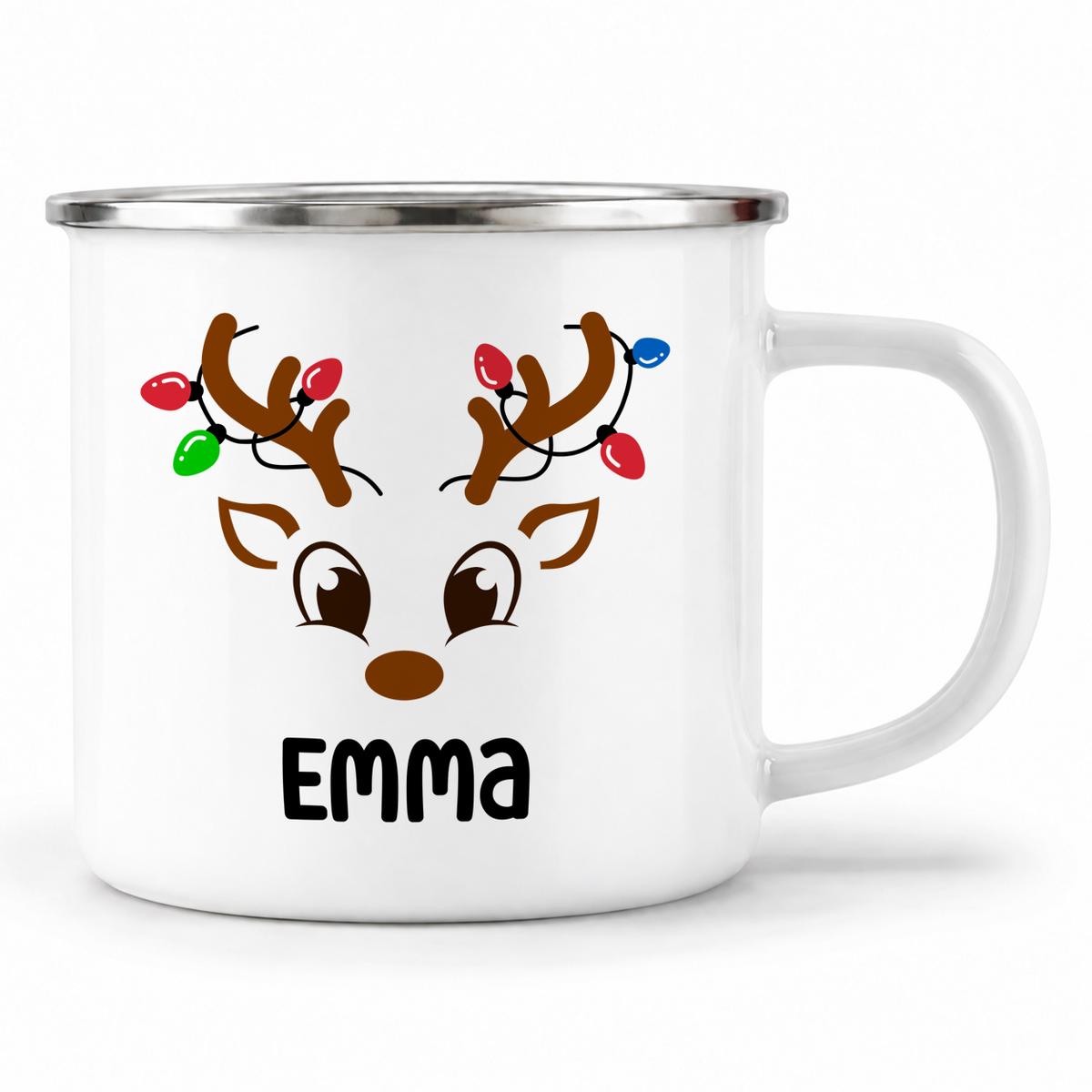 Emaille Tasse mit Name | Rentier mit Lichterkette