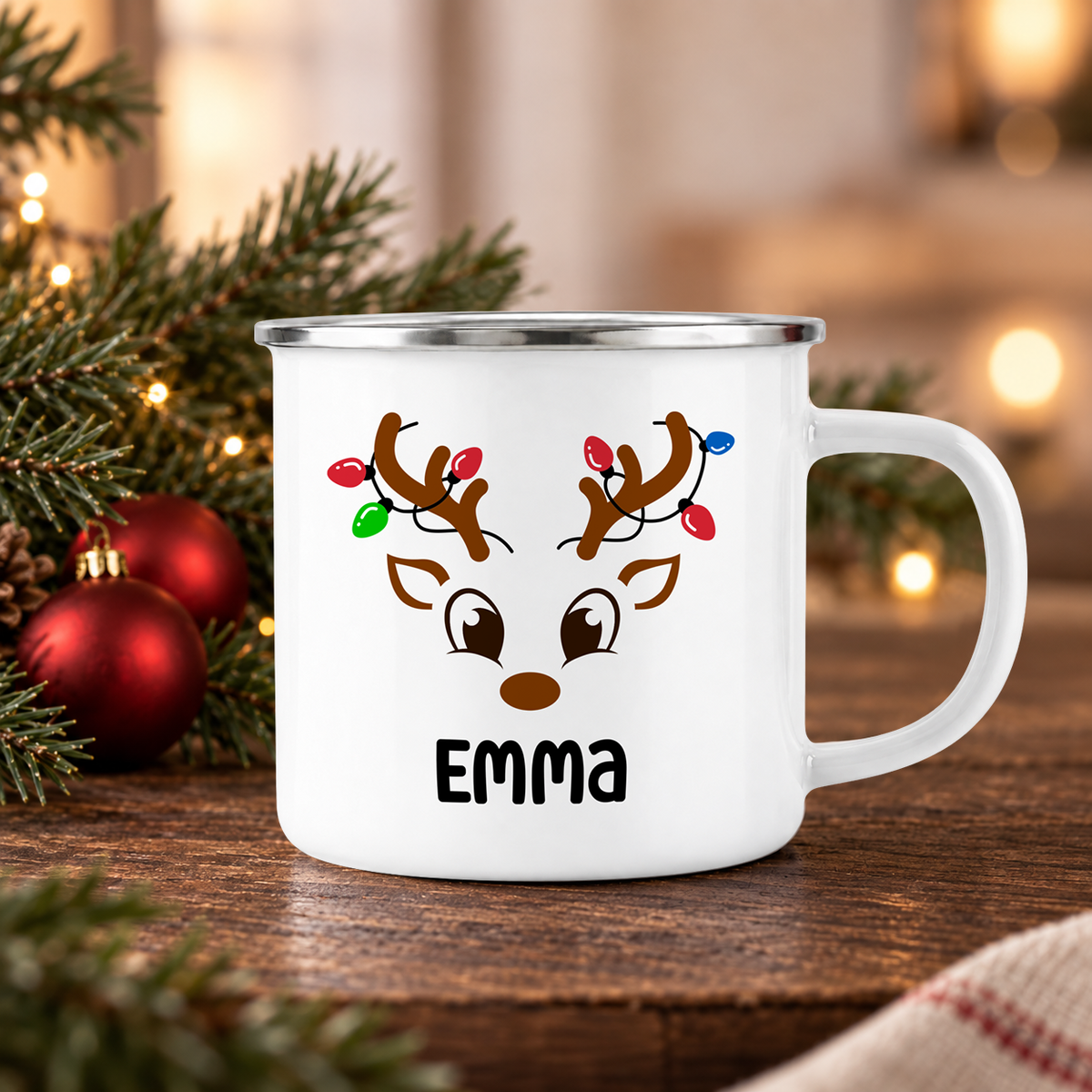 Emaille Tasse mit Name | Rentier mit Lichterkette