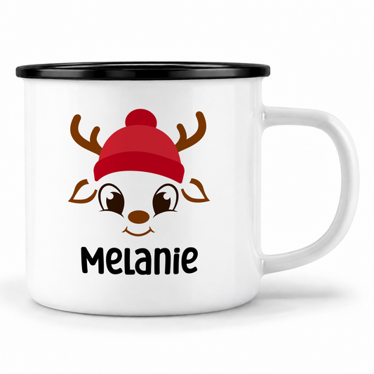 Emaille Tasse mit Name | Rentier mit Mütze