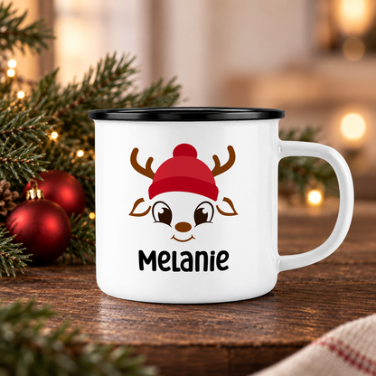 Emaille Tasse mit Name | Rentier mit Mütze