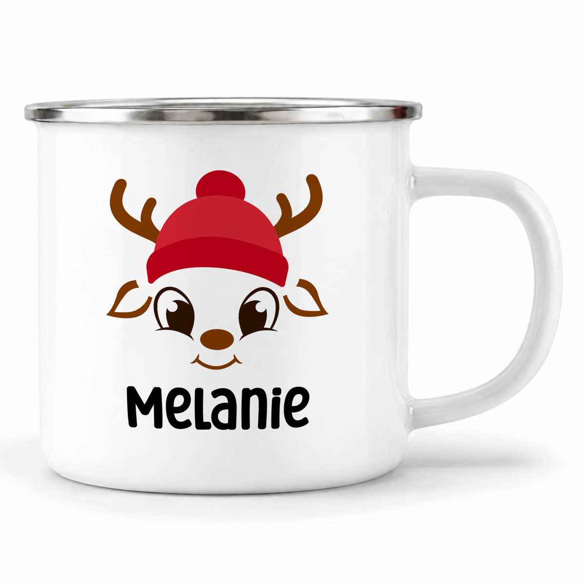 Emaille Tasse mit Name | Rentier mit Mütze