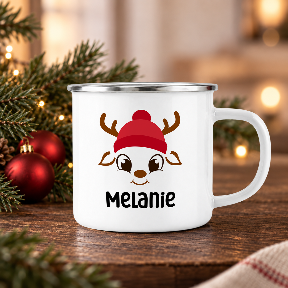 Emaille Tasse mit Name | Rentier mit Mütze