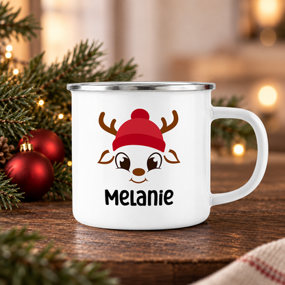 Emaille Tasse mit Name | Rentier mit Mütze