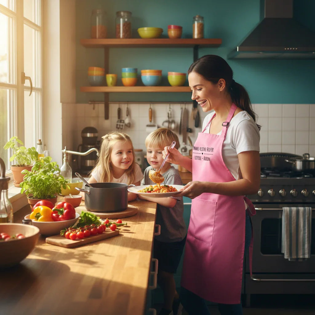 Mutter kocht mit Kindern in moderner Küche, frisches Gemüse, familiäre Atmosphäre