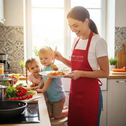 Mutter kocht mit zwei Kindern in heller Küche, frisches Gemüse auf der Arbeitsplatte