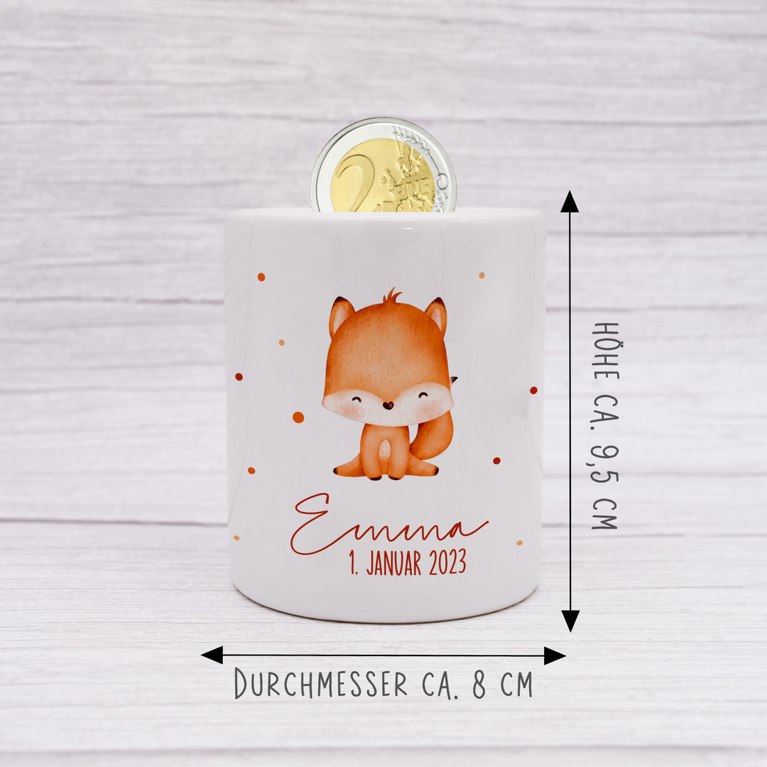 Personalisierte Spardose aus Keramik | mit Wunschnamen und Datum | Fuchs | Tierkinder