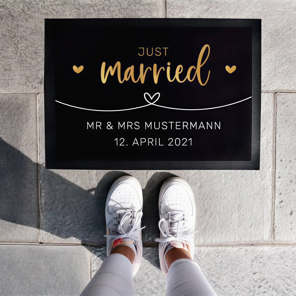 Fußmatte mit Namen + Datum | Just married – Goldverlauf