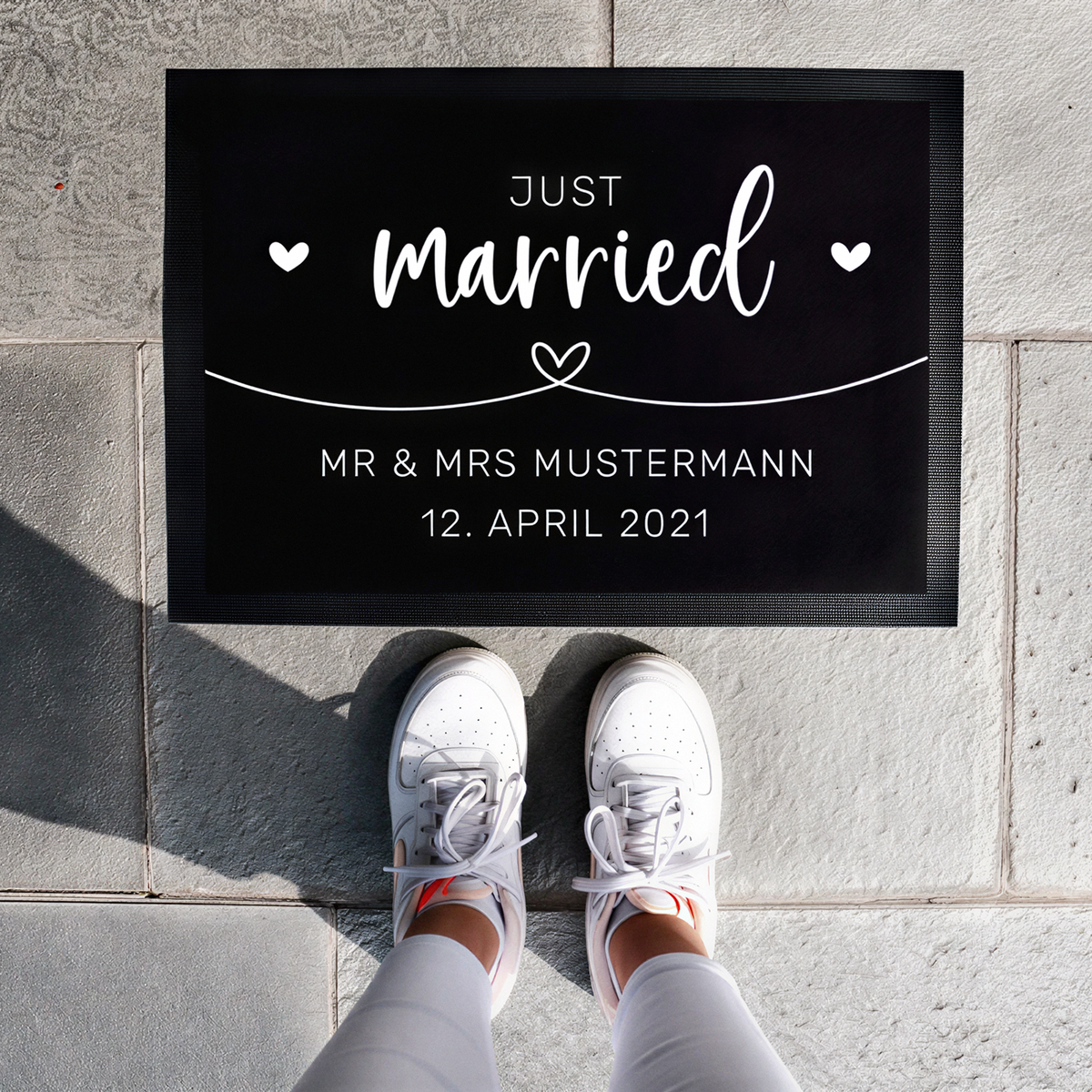 Fußmatte mit Namen + Datum | Just married – Weiß