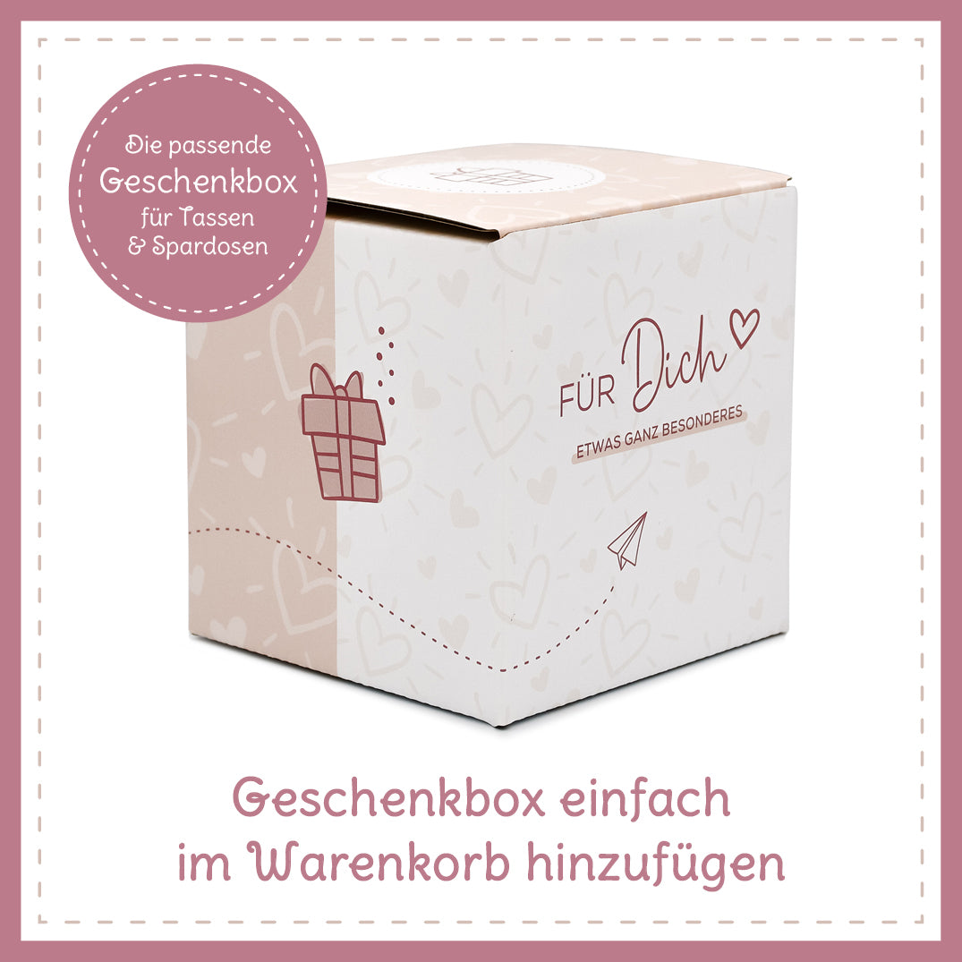 Geschenkbox | Geschenkkarton | passend für Tassen, Spardosen aus Keramik und Emaille Becher | reinstellen, zuklappen und verschenken