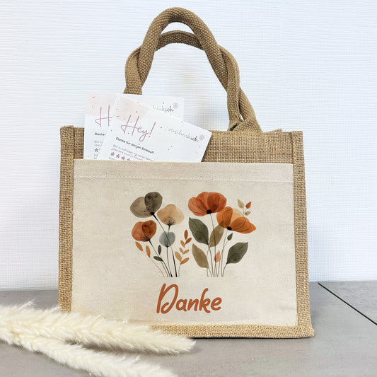 Geschenktasche Jute Pocket | Boho Blumen 1 | für dich | von Herzen | Danke | Geburtstagsgeschenk Freundin | besondere Geschenkverpackung - verschenkich.de