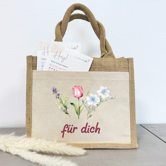 Geschenktasche Jute Pocket | Wild Blumen 2 | für dich | von Herzen | Danke | Geburtstagsgeschenk Freundin | besondere Geschenkverpackung - verschenkich.de