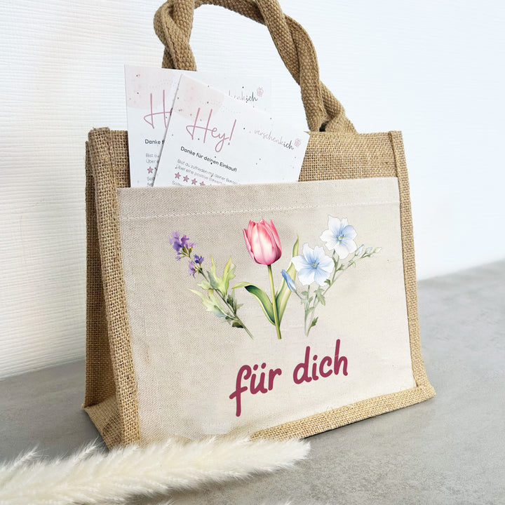Geschenktasche Jute Pocket | Wild Blumen 2 | für dich | von Herzen | Danke | Geburtstagsgeschenk Freundin | besondere Geschenkverpackung - verschenkich.de