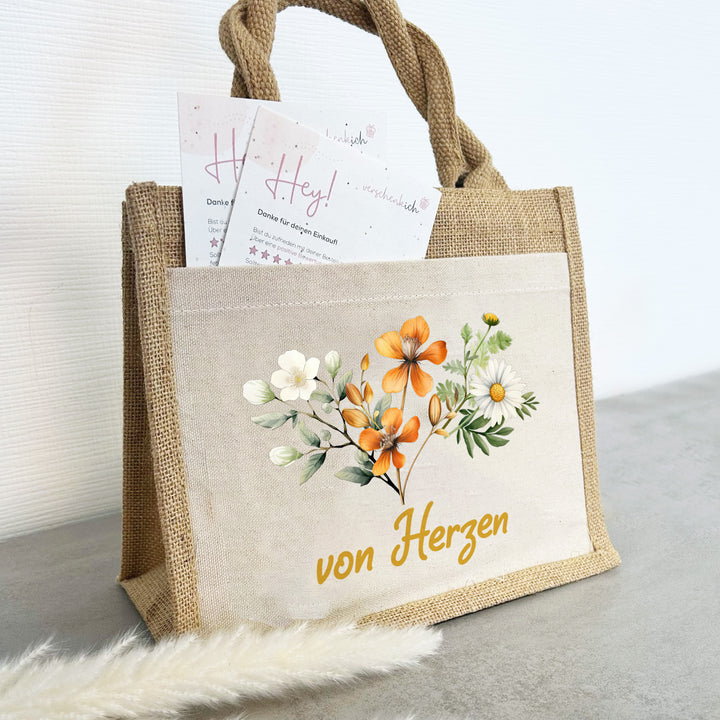 Geschenktasche Jute Pocket | Wild Blumen 3 | für dich | von Herzen | Danke | Geburtstagsgeschenk Freundin | besondere Geschenkverpackung - verschenkich.de