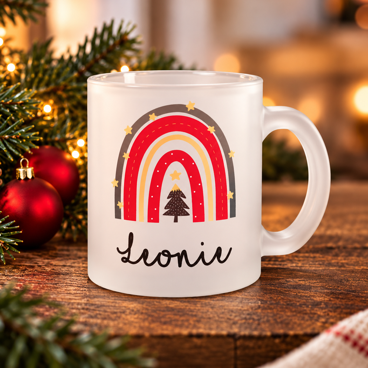 Glastasse mit Namen | Weihnachts- Regenbogen